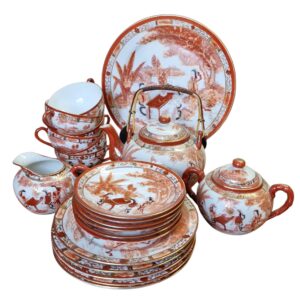 Conjunto de chá japonês com decoração oriental e gueixa em lithophane