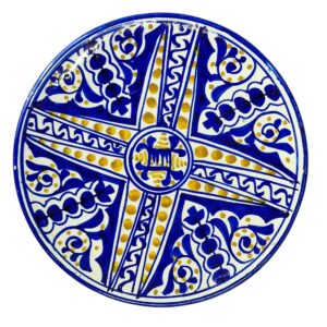 Prato decorativo em faiança azul e amarelo