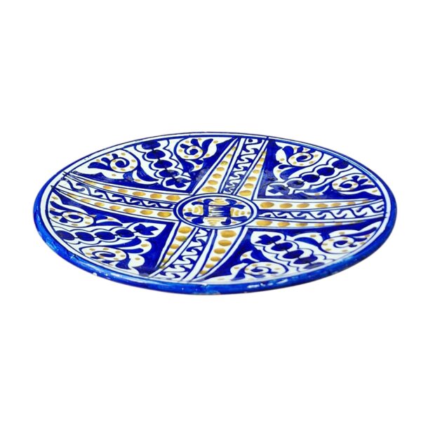 Prato decorativo em faiança azul e amarelo