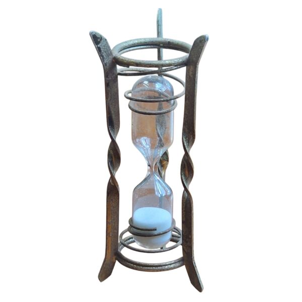 Ampulheta decorativa em metal com vidro soprado