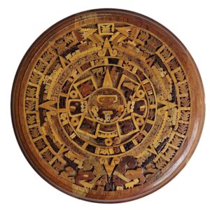 Calendário Asteca em Madeira Entalhada – Arte Étnica Decorativa com Incrustações em Baixo-Relevo