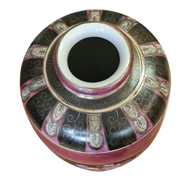 Jarra decorativa esmaltada com flores em tons rosa e preto - 36 cm