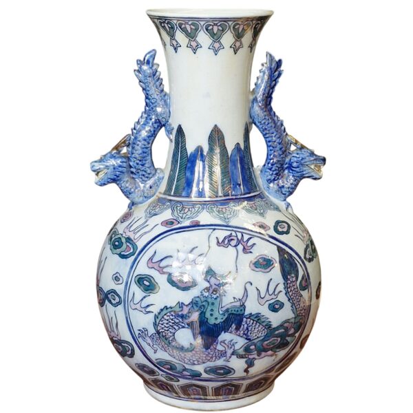 Jarra Chinesa com Dragões em Relevo e Decoração Tradicional - 38 cm