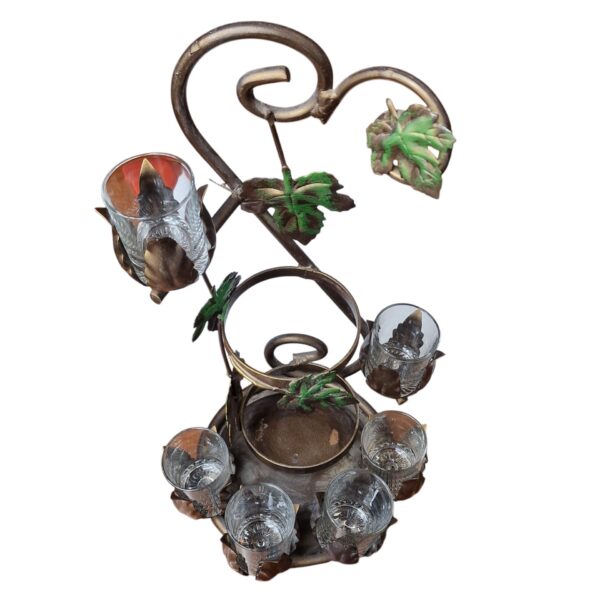 Garrafeira Decorativa com 6 Copos em Suporte de Metal com Folhagem