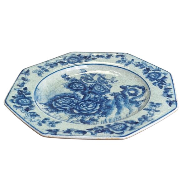 Prato Cerâmico Octogonal com Motivo Floral Azul