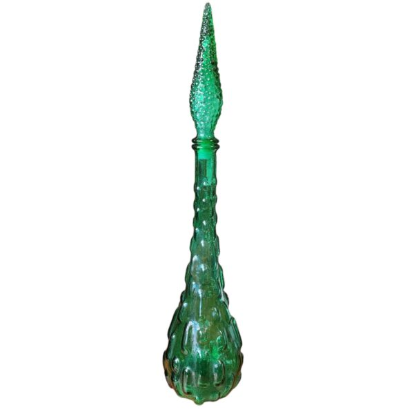 Garrafa Decorativa Italiana em Vidro Verde Moldado com Tampa Texturada