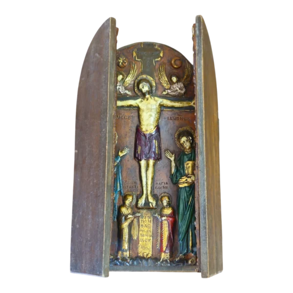 Ícone Religioso Triptico – Crucificação de Cristo com os 12 Apóstolos
