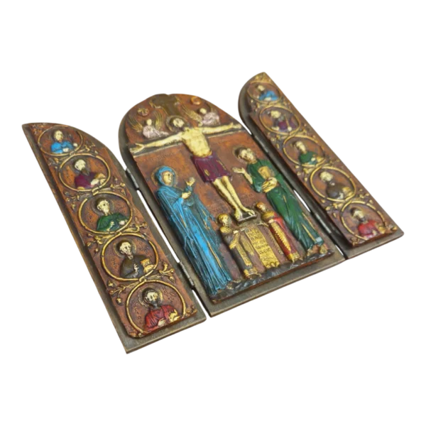 Ícone Religioso Triptico – Crucificação de Cristo com os 12 Apóstolos