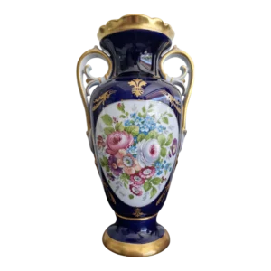 Jarra em Porcelana de Aveiro Azul Cobalto com Decoração Floral e Dourados – 35 cm
