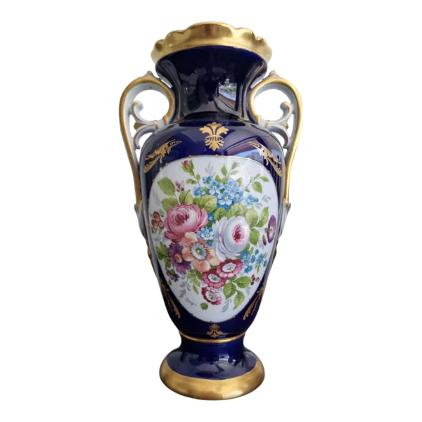 Jarra em Porcelana de Aveiro Azul Cobalto com Decoração Floral e Dourados – 35 cm