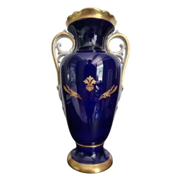 Jarra em Porcelana de Aveiro Azul Cobalto com Decoração Floral e Dourados – 35 cm