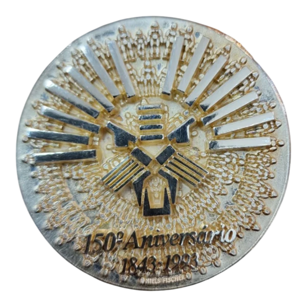 Medalha Comemorativa Banco Totta & Açores 150.º Aniversário 1843-1993 em Prata Fina 999,7 — Niels Fischer / Vasco Nuno