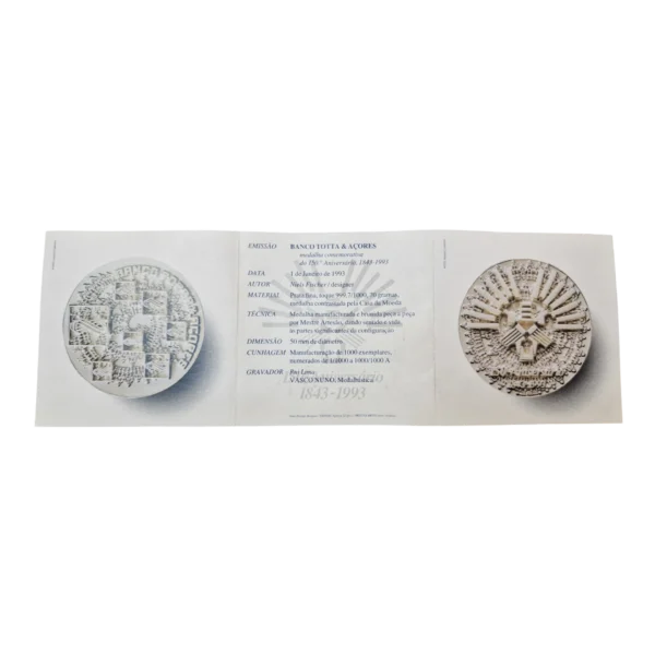 Medalha Comemorativa Banco Totta & Açores 150.º Aniversário 1843-1993 em Prata Fina 999,7 — Niels Fischer / Vasco Nuno