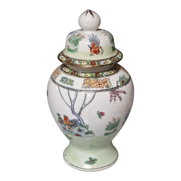 Jarra com Tampa em Porcelana de Macau Pintada à Mão com Motivos Orientais