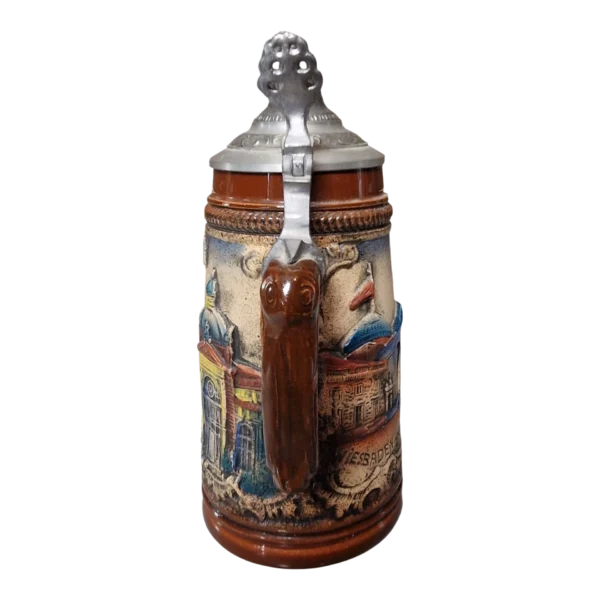 Caneca de cerveja alemã em cerâmica com tampa em estanho
