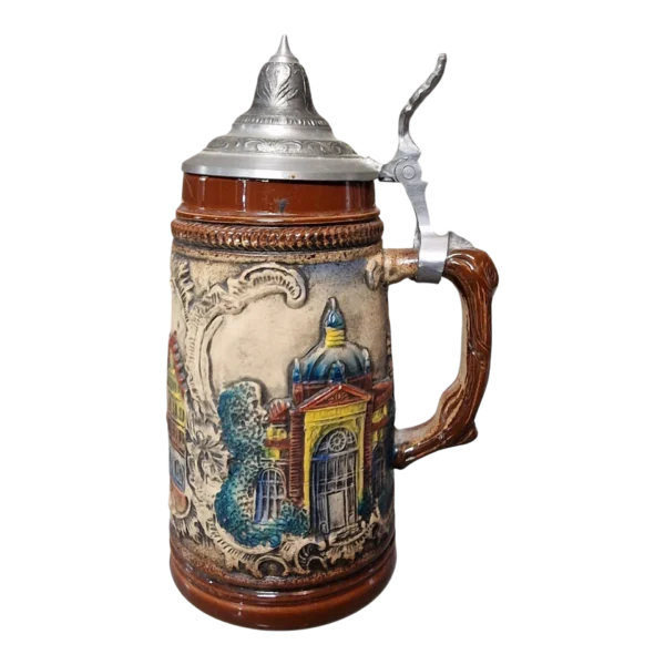 Caneca de cerveja alemã em cerâmica com tampa em estanho