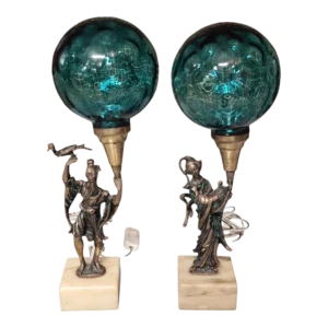Par de Candeeiros Orientais em Bronze com Globos de Vidro Azul
