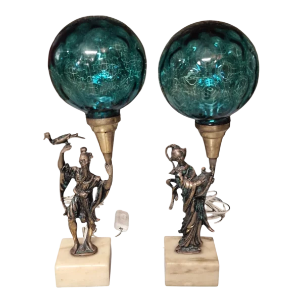 Par de Candeeiros Orientais em Bronze com Globos de Vidro Azul