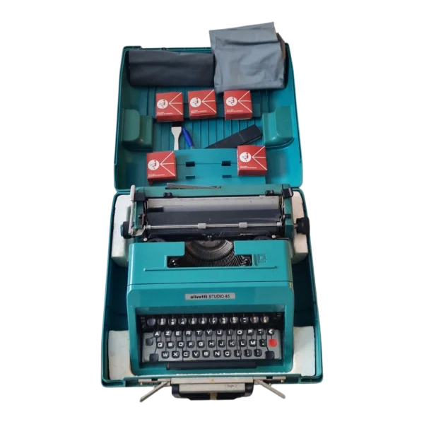 Máquina de Escrever Olivetti Studio 45 Vintage com Mala Original – Anos 60/70 – Azul Turquesa