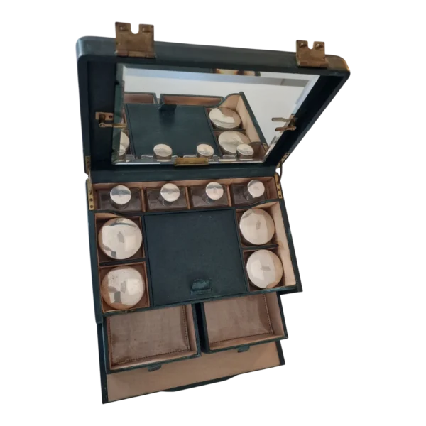 Necessaire Vintage em Pele, Latão e Prata com Frascos Originais