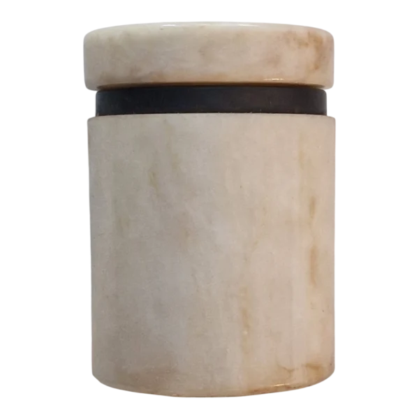Caixa Cilíndrica em Mármore Branco com Aro Metálico 11 cm — séc. XX