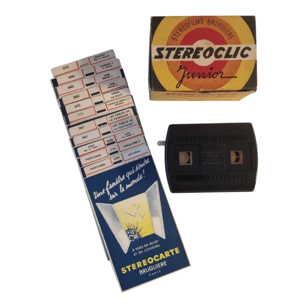 Conjunto Estereoscópico Vintage “Stereoclic Junior” com Estereocartes Bruguière Paris — França, c. 1950-1960